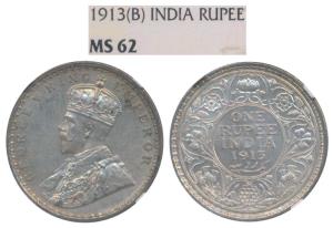 George V, Silver Rupee, 1913, Bombay Mint (Prid 219). Graded by NGC MS62.