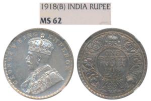 George V, Silver Rupee, 1918, Bombay Mint (Prid 224). Graded by NGC MS62.