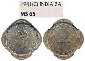 George VI, Cupro-Nickel 2 Annas, 1941, Calcutta Mint (Prid 907). Graded by NGC MS65. Secon