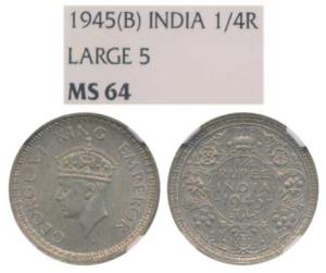 George VI, Half Silver ¼ Rupee, 1945, Bombay Mint, Rev III / dot, Large and Open 5, (Prid 