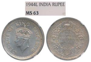 George VI, Silver Rupee, 1944, Lahore Mint, D / Ia (Prid 247). Graded by NGC MS63.