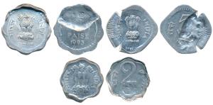Aluminium 2, 5 & 10 Paisa, all Error, Brockage, with partial Lakhi impression. About Uncir