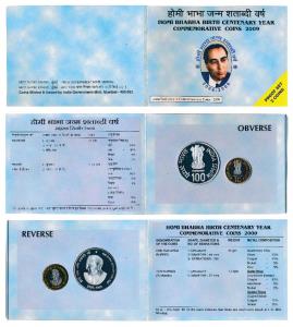 2009 Proof set, Homi Bhabha Birth Centenary, set of Rupees 10 (bi-metal) and 100. In immac