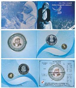 2010 Proof Set, Mother Teresa Birth Centenary, set of 2, Rupees 5 and 100. In immaculate c