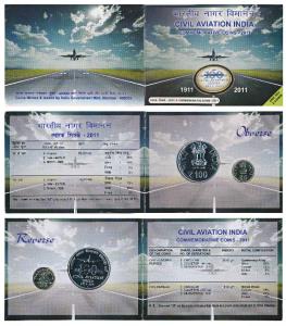 2011 Uncirculated Set, 100 years Civil Aviation India, set of 2, Rupees 5 and 100. In imma