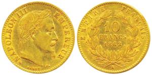 France, Napoleon III, Gold 10 Francs, 3.2g, 1862 A, obv. laureate head, rev. rev. value wi