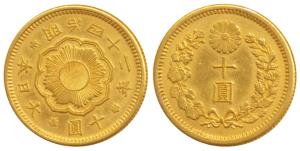 Japan Mutsuhito (1867-1912 AD), Gold 10 Yen, 8.3g, Meiji Year 42 (1909 AD) (KM Y33). Mint 