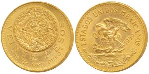 Mexico, Gold Veinte or 20 Pesos, 16.68g, 1959, eagle holding a snake in its beak (KM 478).