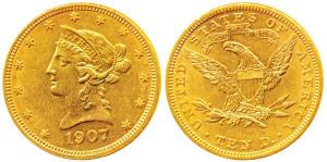 United States of America, Gold $10, 16.65g, 1907, Liberty head on obv., Motto ’In God we t