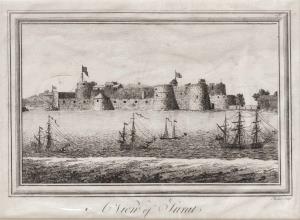 View of Surat, 1730. The British flag seen atop a Fort. Copper engraving by Michelangelo R