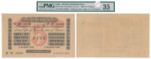 Government of India, Uniface, Rupees 5, red under print, signed A. C. McWatters, 2 March 1