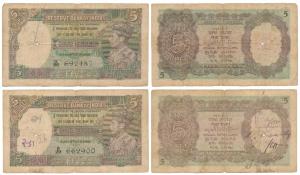 George VI, Rupees 5, 1st issue, 1938, signed J. B. Taylor; 1944, C. D. Deshmukh (J&R 4.3.1