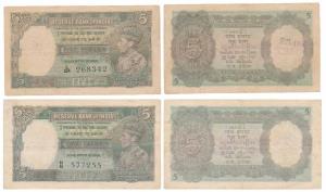 George VI, Rupees 5, 1st issue, 1938, signed J. B. Taylor; 1944, signed C. D. Deshmukh (J&