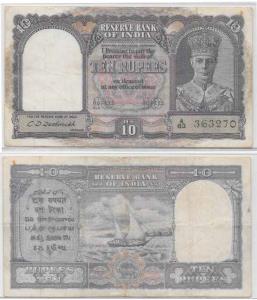 George VI, Rupees 10, 2nd issue, 1944, signed C. D. Deshmukh (J&R 4.6.1). Fine+.