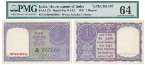 Rupee 1, Specimen, 1951, signed K. G. Ambegaonkar, Specimen written in bold in the waterma