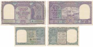 Rupees 10, 1st issue, 1950, signed B. Rama Rau, value only in English; 1951, K. G. Ambegao