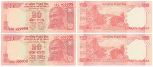 Rupees 20, 2017, signed Urjit Patel, fancy number 999999 and 1000000, Prefix 12C (123). Un