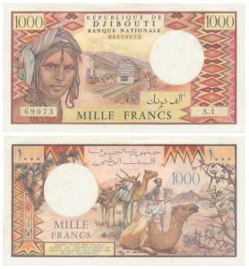 Djibouti, 1000 Francs, 1979, passenger train in the front, camels on the back (Pick 37). E