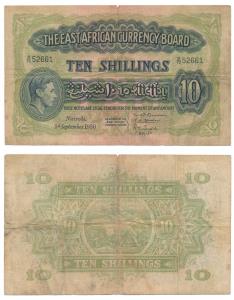 East African Currency Board, 10 Shillings, Nairobi, 1st September, 1950 (KM 29). About Ver