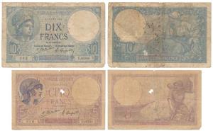 France, 5 & 10 Francs, 1922, the first woman wearing a helmet, the second Minerva looking 