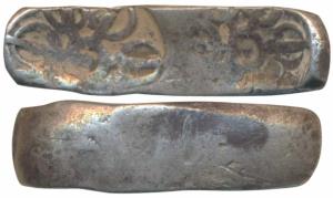 Archaic Punch Marked Coinage, attributed to Gandhara Janapada, Bent Bar, Silver 5 Shana, 1