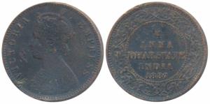 Anand Rao III, Copper ¼ Anna, Calcutta Mint, with the name and portrait of Victoria, 1887 