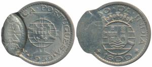 Goa, Colonial Issue, Cupro Nickel, 1 Escudo, 1959, Error, double struck. Uncirculated.