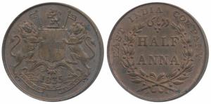 Copper ½ Anna, 1835, Bombay Mint, obv. coat of arms of the EIC and date below, rev. value 
