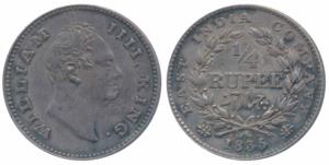 William IV, Silver ¼ Rupee, 1835, Calcutta Mint, F incuse, Wreath with 19 Berries (10L+9R)