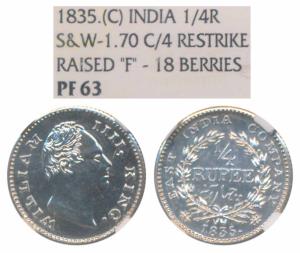 William IV, Silver ¼ Rupee Proof Restrike, 1835, Calcutta Mint, F raised, 18 Berries (Prid