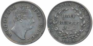 William IV, Silver ½ Rupee, 1835, Calcutta Mint, F incuse, 20 Berries, (Prid 69). Edge kni