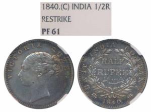 Victoria Queen, Silver Proof Restrike ½ Rupee, 1840, Continuous Legend, Madras Mint, 19 be