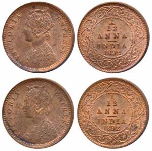 Victoria Empress, Copper 1/12 Anna, 1892, Calcutta Mint (Prid 797). Uncirculated