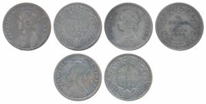 Victoria Queen & Empress, Silver ¼ Rupee (3), 1874 Calcutta Mint; 1882 Calcutta Mint; 1890