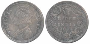 Victoria Queen, Silver ¼ Rupee, 1874, Bombay Mint, A / I / dot (Prid 405). About Extremely