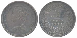 Victoria Empress, Silver ¼ Rupee, 1881, Calcutta Mint, C / II / C incuse, (Prid 386). Extr
