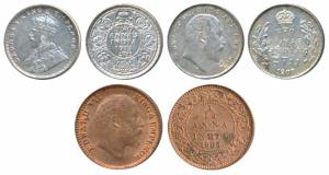 Edward VII, Copper 1/12 Anna, 1905; Silver 2 Annas, 1907; George V, Silver 2 Annas, 1914, 