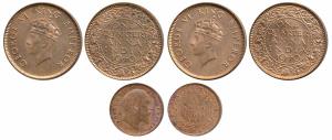 Edward VII, Copper 1/12 Anna, 1905; George VI, Copper ¼ Anna (2), 1940. About Uncirculated