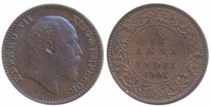 Edward VII, Copper 1/12 Anna Original Proof, 1905 . Proof, original hence Very Rare.