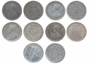 George V, Silver ¼ Rupee (5), 1912, 1913 & 1925 Bombay Mint; 1916 & 1917 Calcutta Mint. Ab