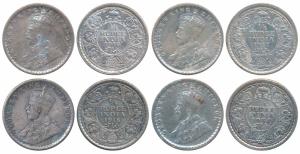 George V, Silver ¼ Rupee (4), 1916, 1917, 1918, & 1934, all Calcutta Mint. Very Fine+ to A