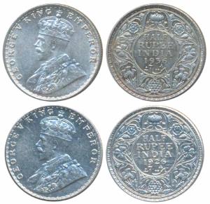 George V, Silver ½ Rupee, 1926 & 1936. Extremely Fine and About Uncirculated. (2)