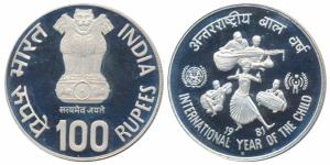 Silver Rupees 100, 1981, International Year of the Child, Bombay Mint. Proof, in plastic c