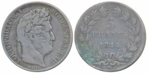 France, Louis Philippe I, Silver 5 Francs, 25g, 1844W, Lille Mint (KM 749.13). About Very 