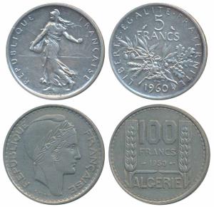 France, Silver 5, 12g, 1960 (KM 926); Algeria, France Occupation, Copper Nickel 100 Francs