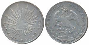 Mexico, Silver 8 Reales, Mexico City, 1881, eagle holding a snake in its beak (KM 377.10).