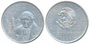 Mexico, Silver 5 Pesos 27.78g, 1953, Bicentennial of Hidalgo’s birth, obv. National arms, 