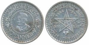 Morocco Under French Protectorate, Mohammed V, Silver 500 Francs, rev. crown within a star