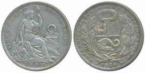 Peru, Silver Sol, 24.98g, 1924, (KM 218). Very Fine+.