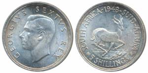 South Africa, George VI, Silver 5 Shillings, 28.28g, .800 fine, 1948 (KM 40.1). Uncirculat